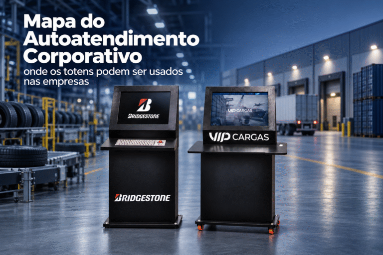 Totens Modelo C Bridgestone e VIP Cargas com fundo ilustrativo de indústria e logística