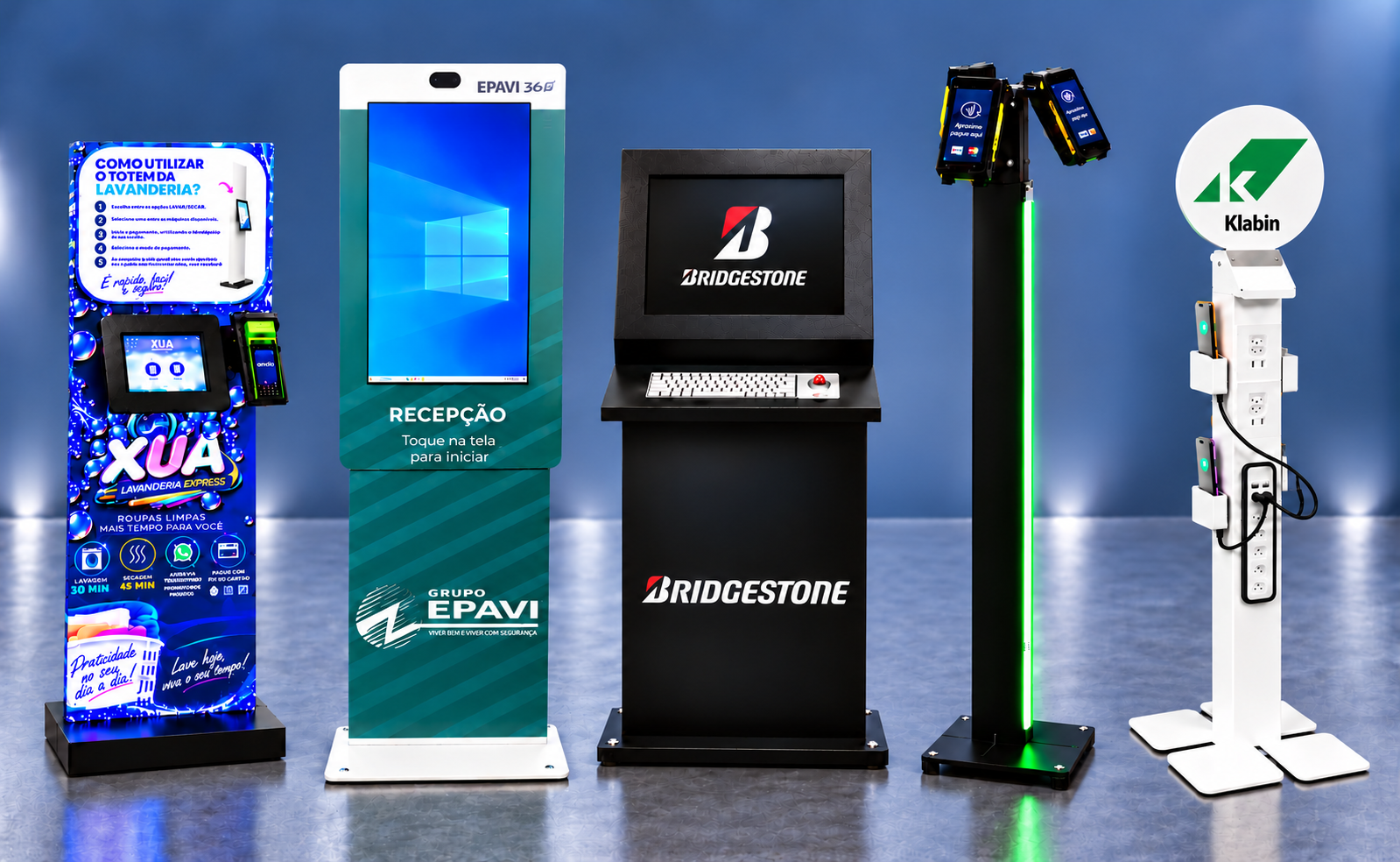 Cinco totens MDA: XUA, Slim Epavi, Modelo C Bridgestone, suporte para máquinas de cartão, POS e pinpads e Carregador Plus Klabin.